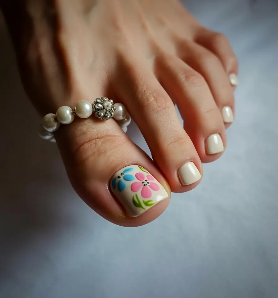 spring toe nail colors 2026 delicate floral pedicure design