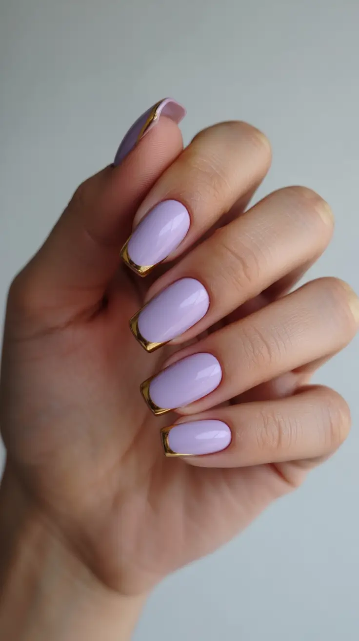best spring vacation nails 2026 Soft Lavender Square Nails with Golden Edges