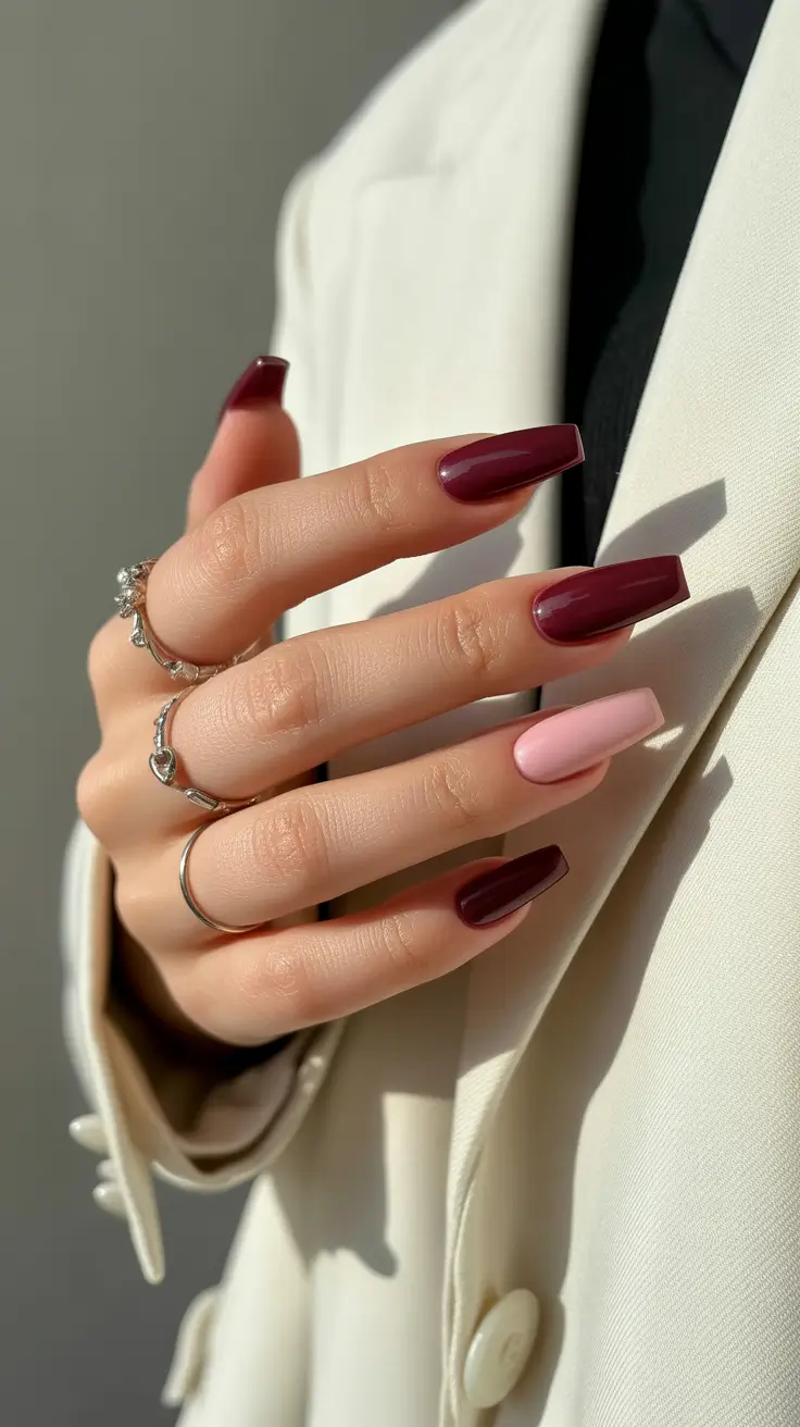 best spring vacation nails 2026 Elegant Burgundy and Blush Square Long Nails