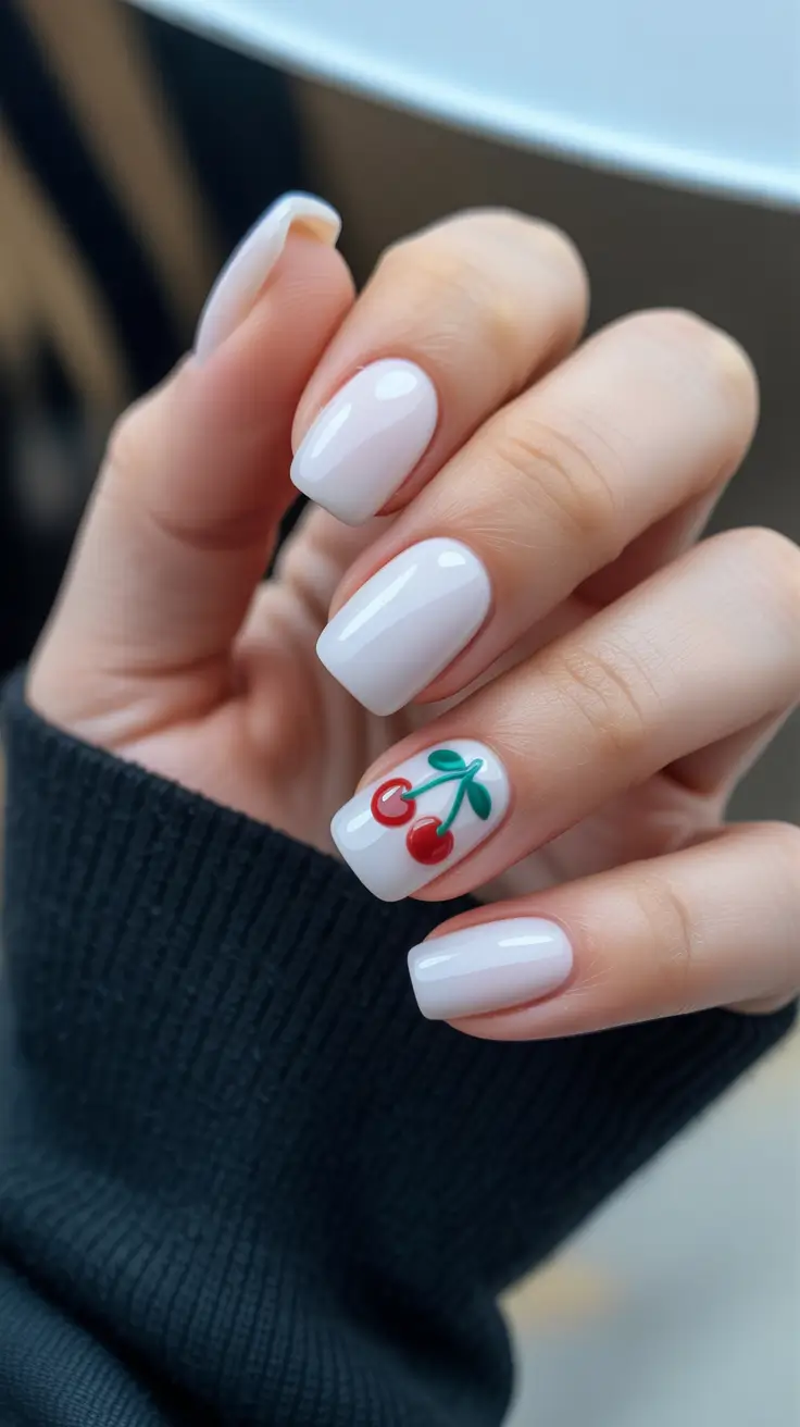 best spring vacation nails 2026 Clean White Nails with Cherry Accent
