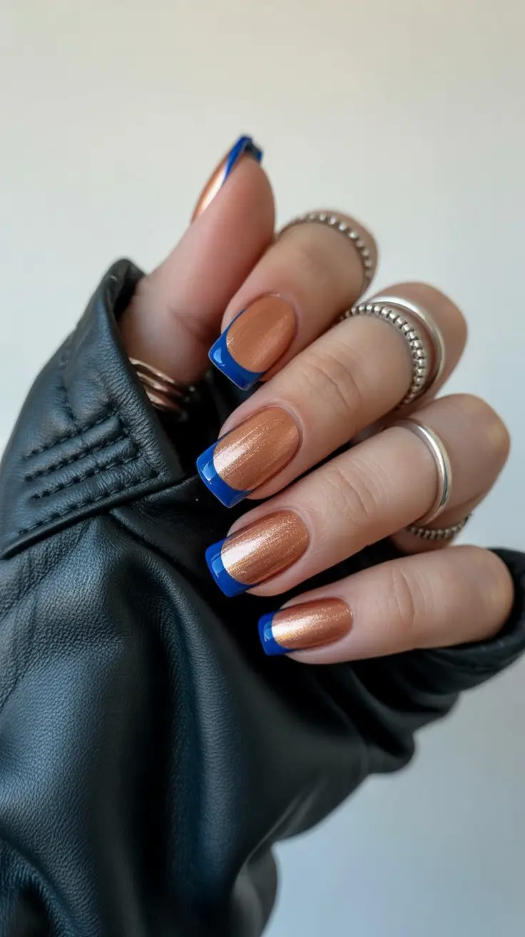 best spring vacation nails 2026 Bronze Chrome Nails with Blue French Tips