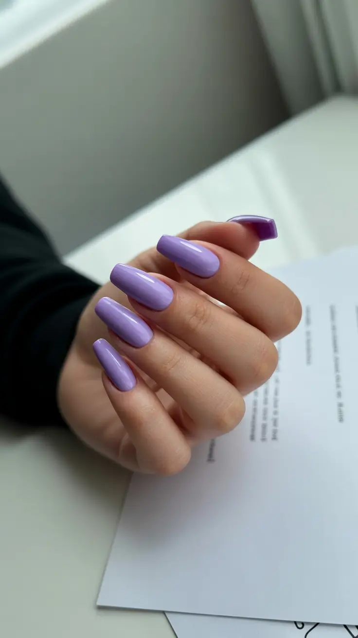 best spring vacation nails 2026 Glossy Lavender Square Long Nails
