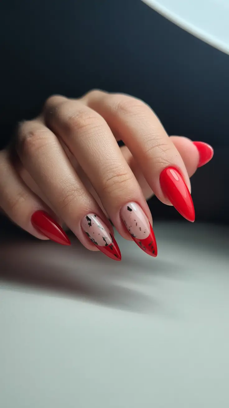 best spring vacation nails 2026 Bold Scarlet Almond Nails with Abstract Accents