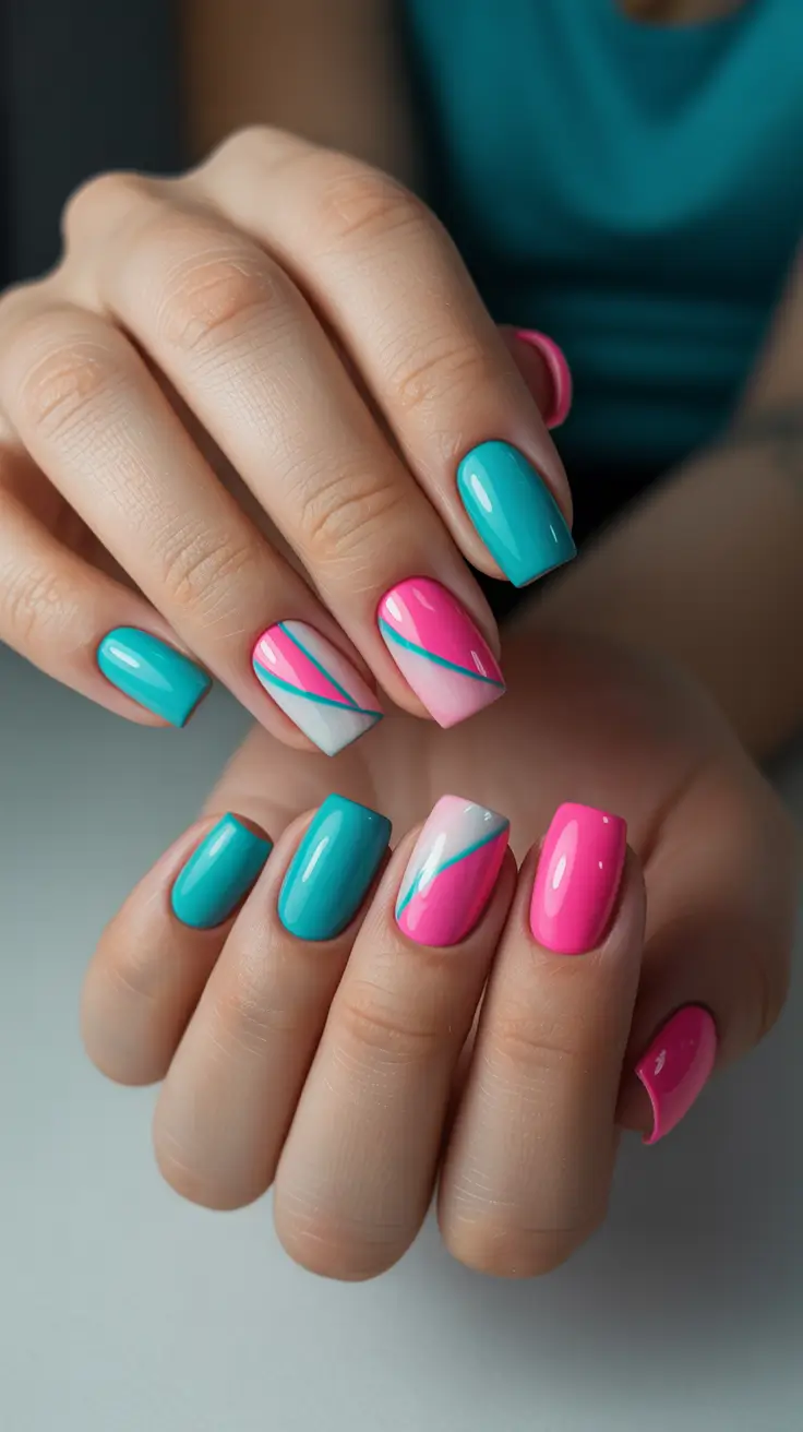 best spring vacation nails 2026 Playful Pink and Turquoise Geometric Vacation Nails