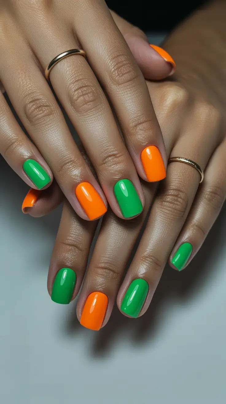 best spring vacation nails 2026 Playful Orange and Green Vacation Color Block Nails