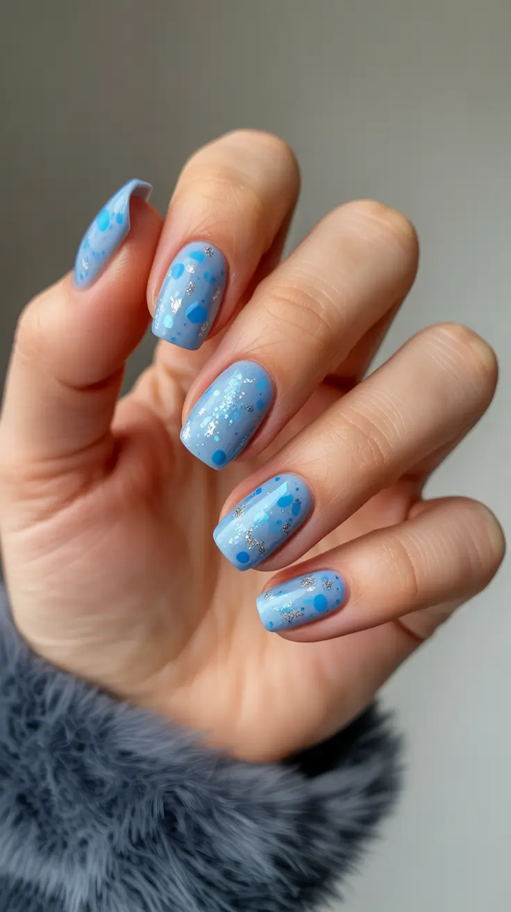 best spring vacation nails 2026 Playful Sky Blue Short Nails with Sparkling Confetti
