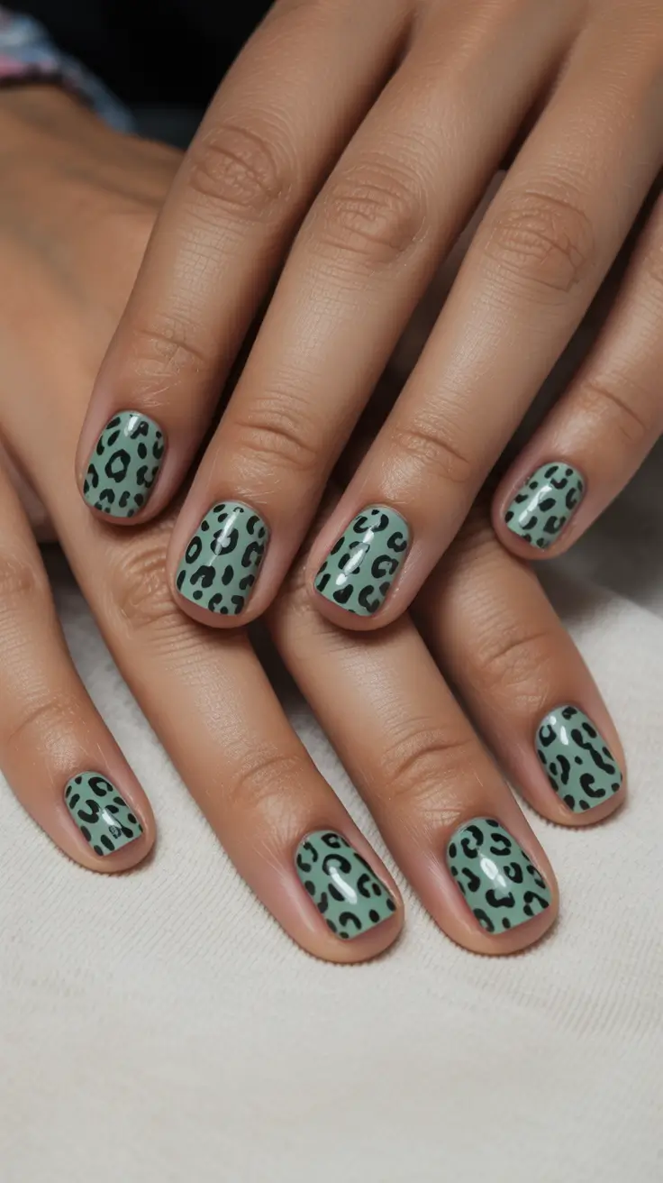 best spring vacation nails 2026 Playful Green Leopard Print Short Nails