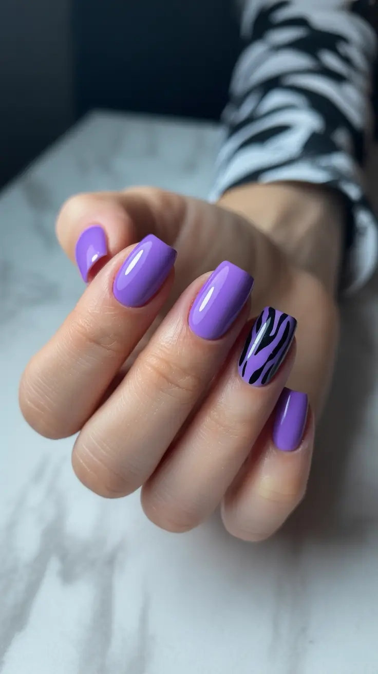 chic spring aura nails 2026 Lavender Aura Nails with Playful Zebra Accent