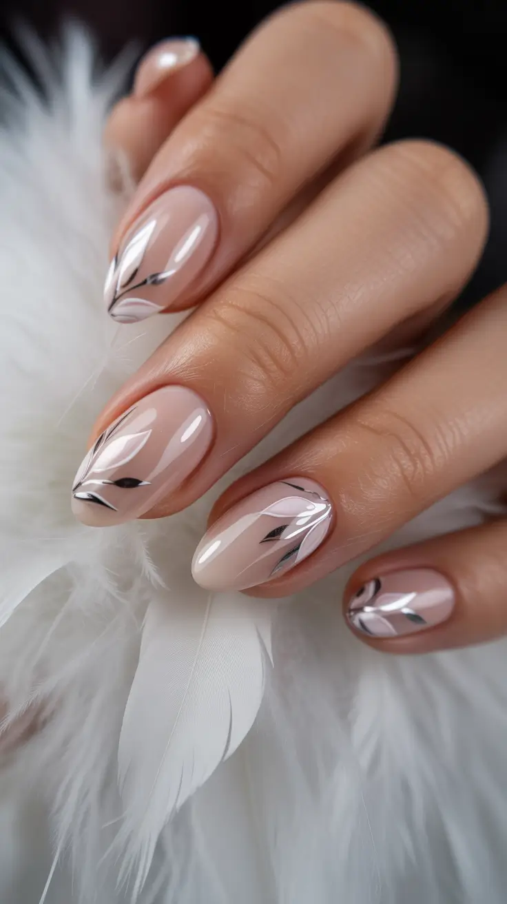 chic spring aura nails 2026 Elegant Nude Aura Nails with Chrome Leaf Accents