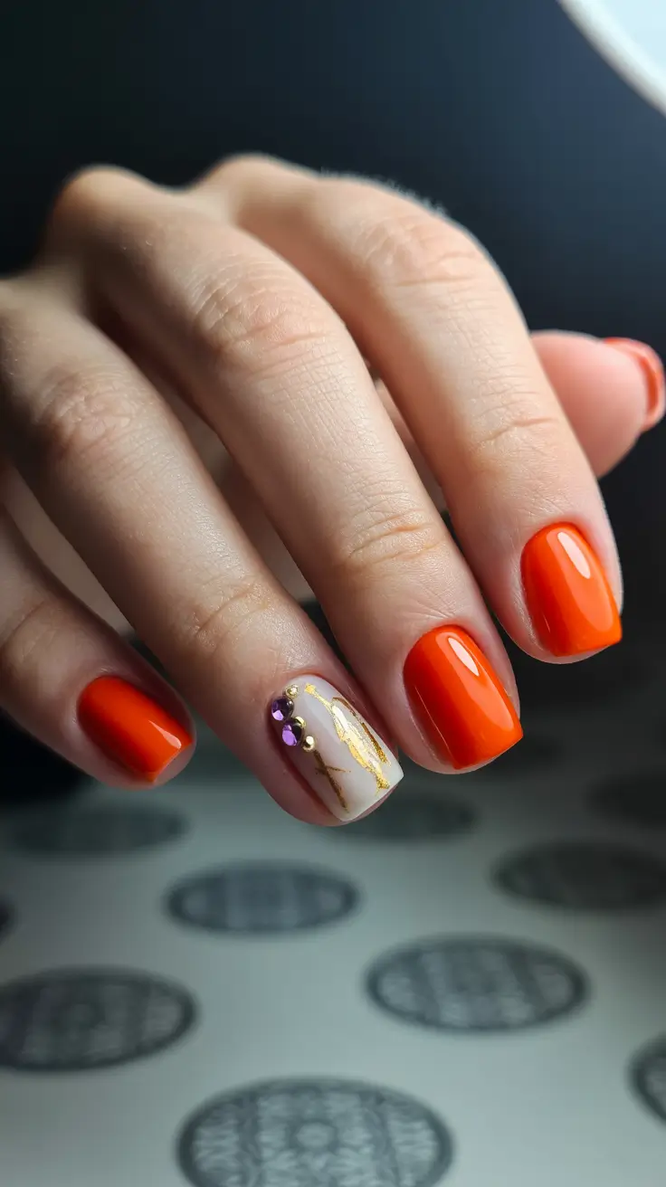 chic spring aura nails 2026 Bright Orange Aura Nails with Gold Accent Detail