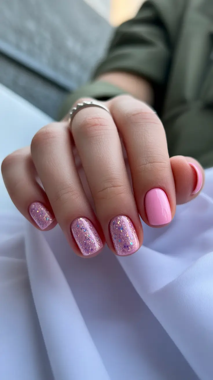 chic spring aura nails 2026 Soft Pink Glitter Aura Nails for Romantic Spring Glow