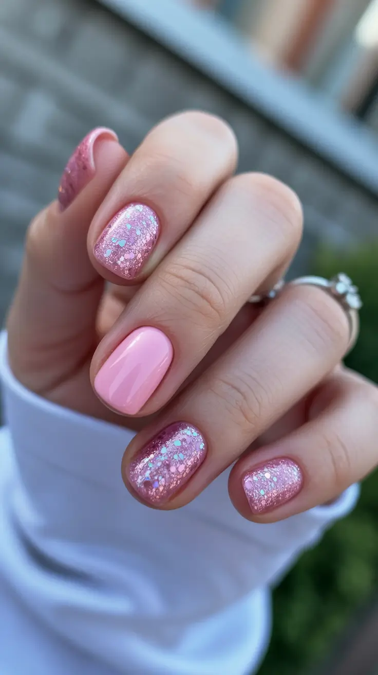 chic spring aura nails 2026 Rosy Glitter Aura Nails with Sparkling Texture
