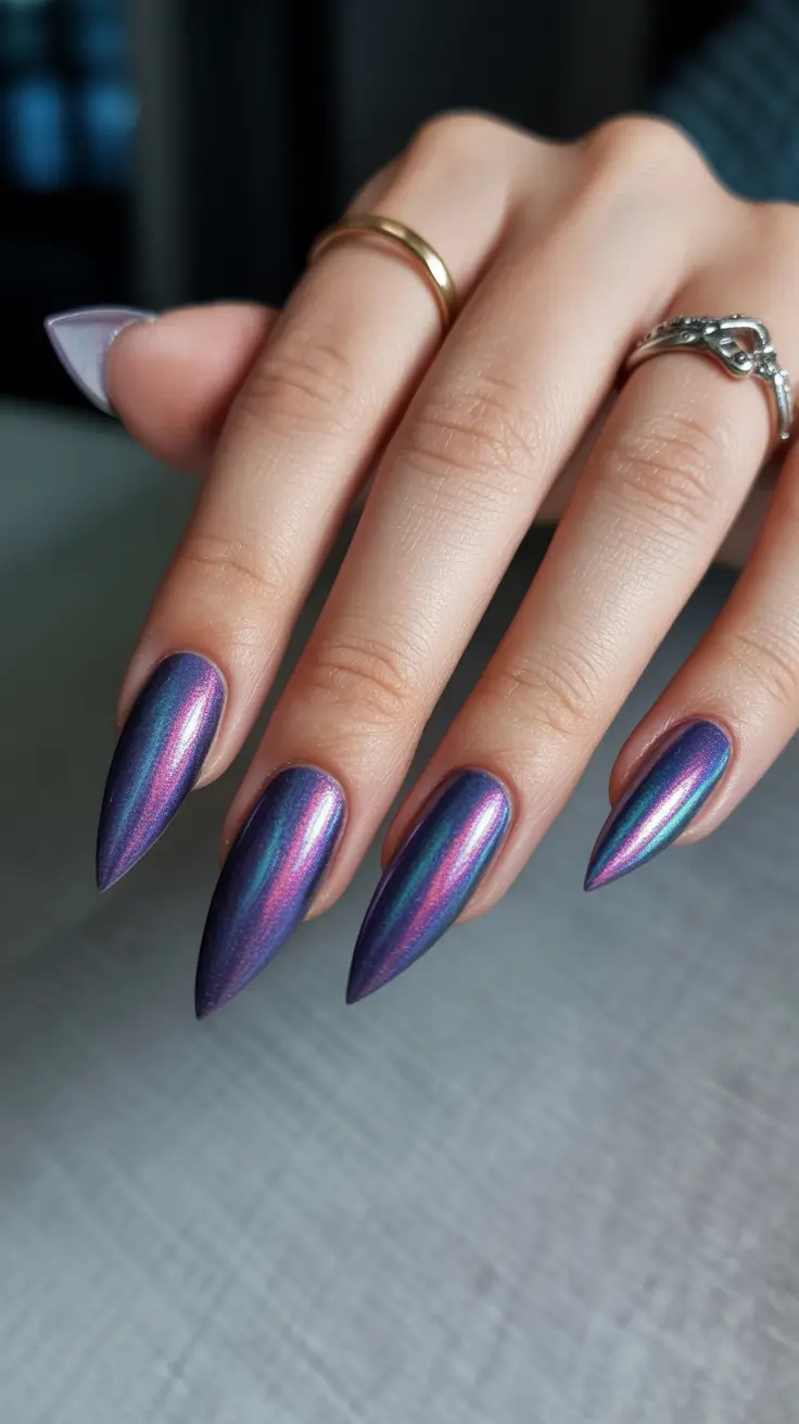 chic spring aura nails 2026 Iridescent Purple Chrome Aura Drama