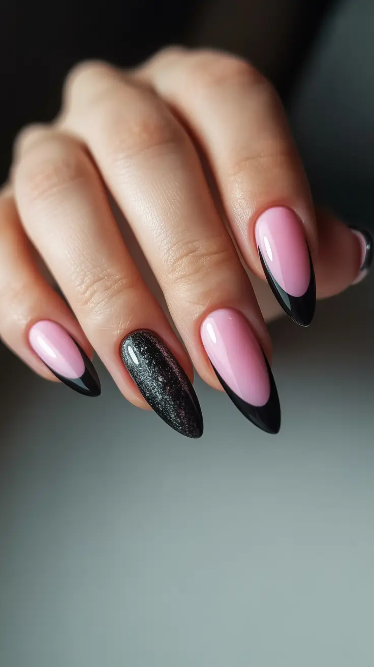 chic spring aura nails 2026 Elegant Black French Aura Nails with Almond Shape