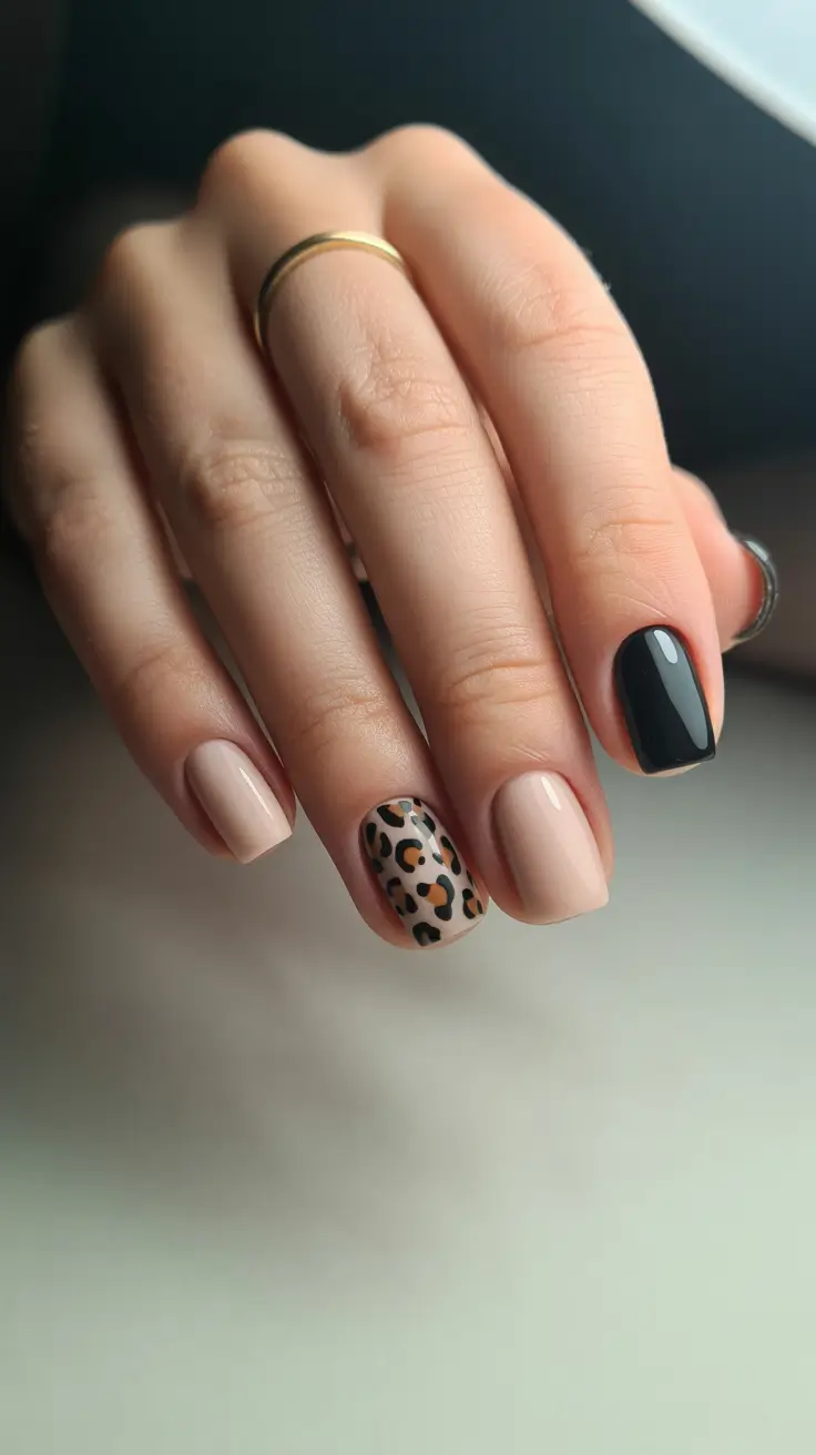 chic spring aura nails 2026 Chic Neutral Aura with Leopard Accent
