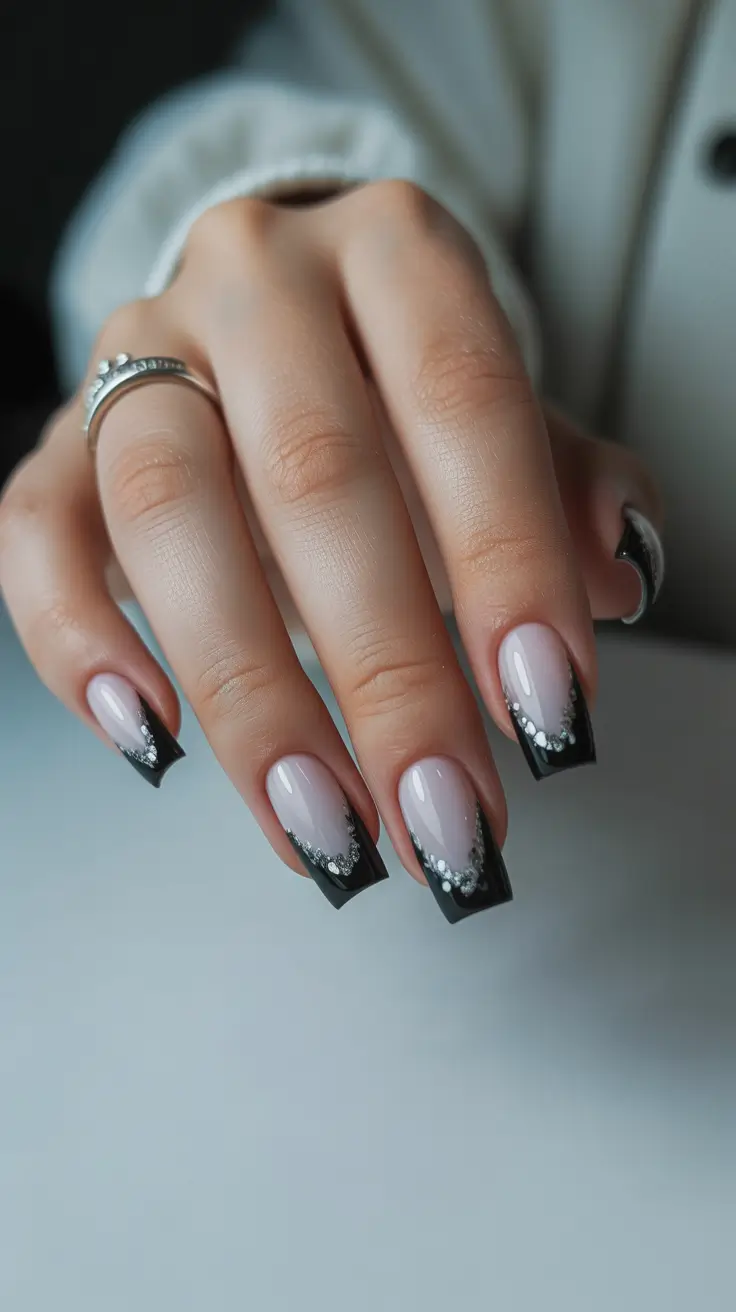 chic spring aura nails 2026 Elegant Black French Aura with Crystal Detail