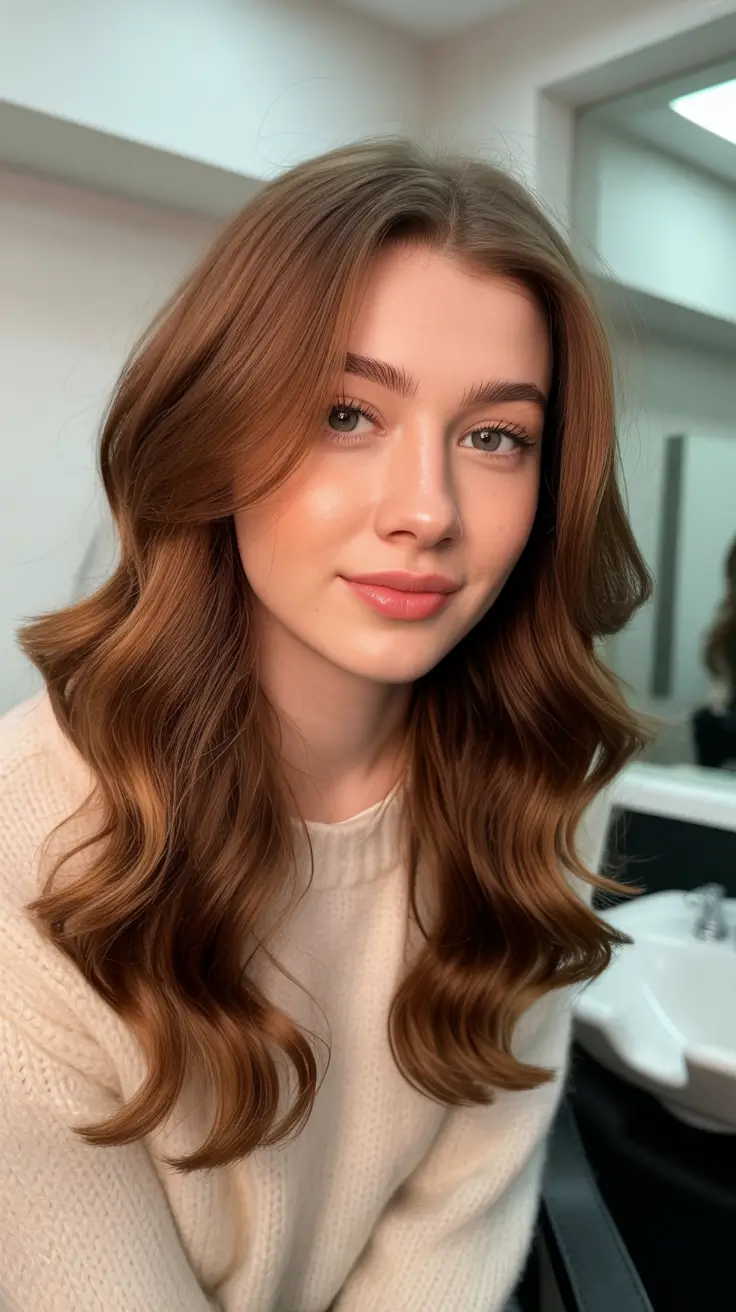 chic spring caramel hair color 2026 Soft Glossy Caramel Waves for Dark Brown Hair