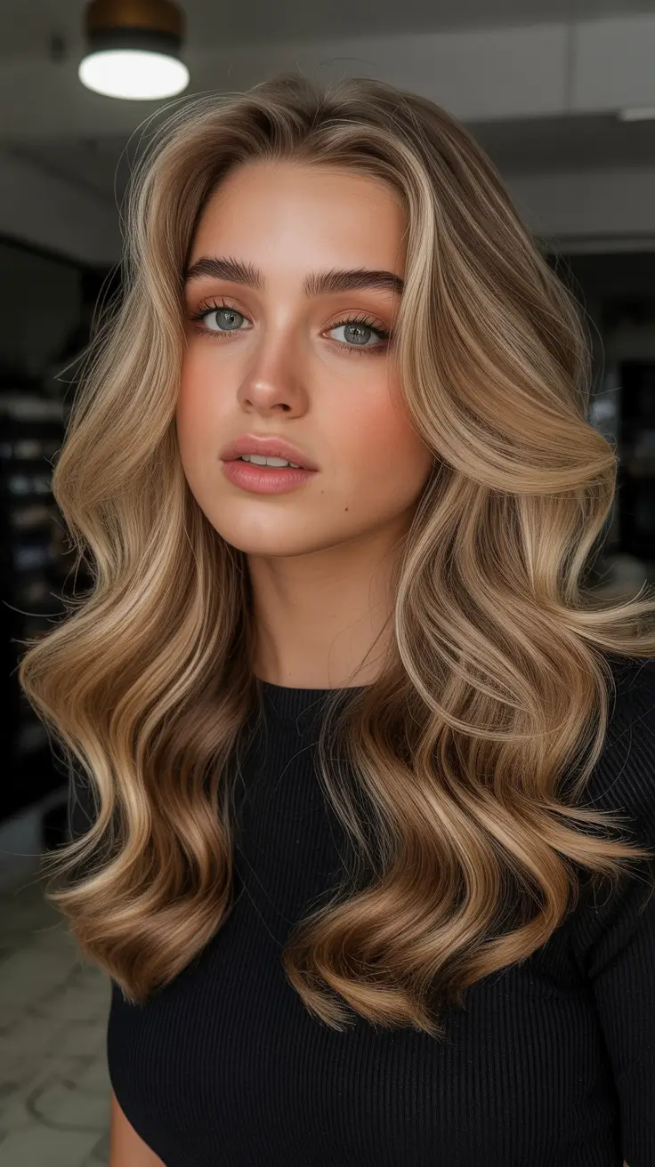 chic spring caramel hair color 2026 Radiant Caramel Waves with Soft Auburn Warmth