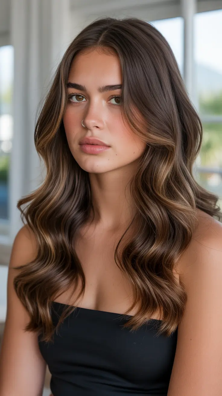 chic spring caramel hair color 2026 Soft Brunette Waves with Melted Caramel Dimension