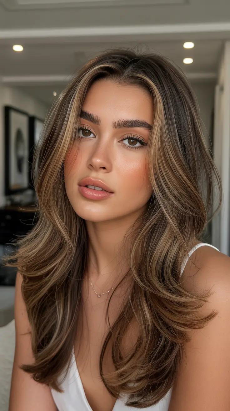 chic spring caramel hair color 2026 Glossy Caramel Brunette with Elegant Volume