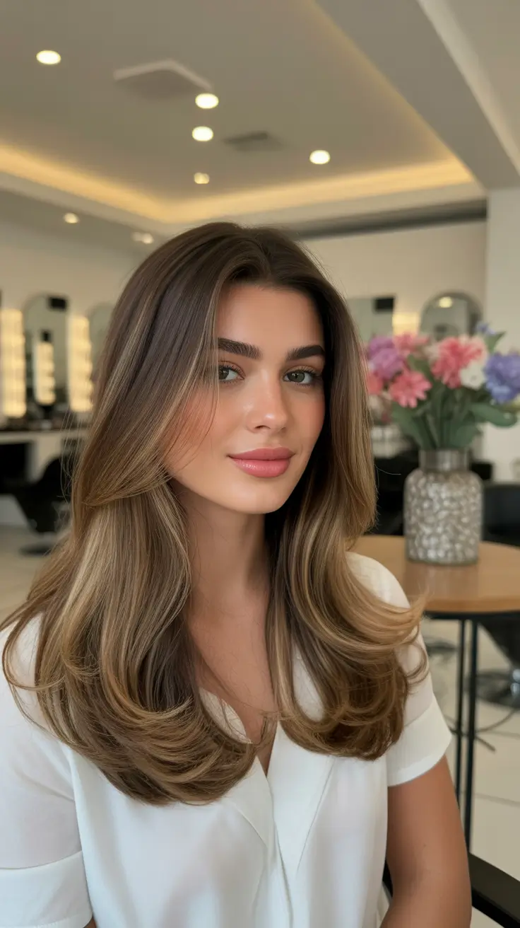 chic spring caramel hair color 2026 Classic Brunette Blowout with Caramel Ribbon Highlights