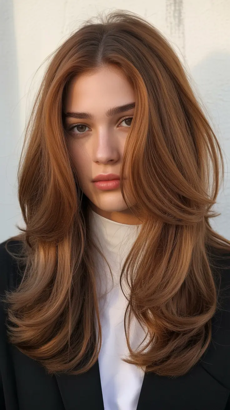 chic spring caramel hair color 2026 Rich Caramel Brunette with Glossy Salon Layers
