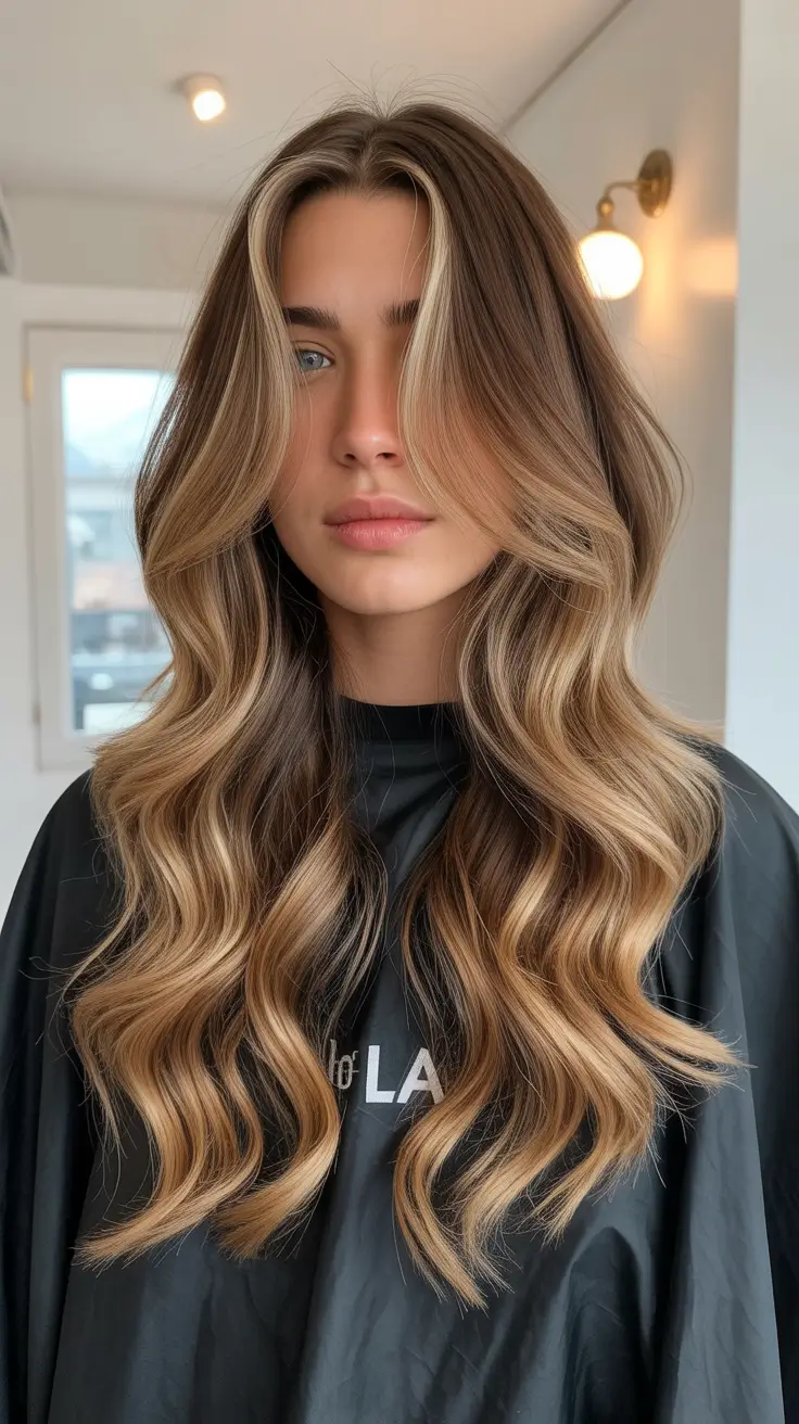 chic spring caramel hair color 2026 Dimensional Caramel Blonde Ribbons on a Brunette Base
