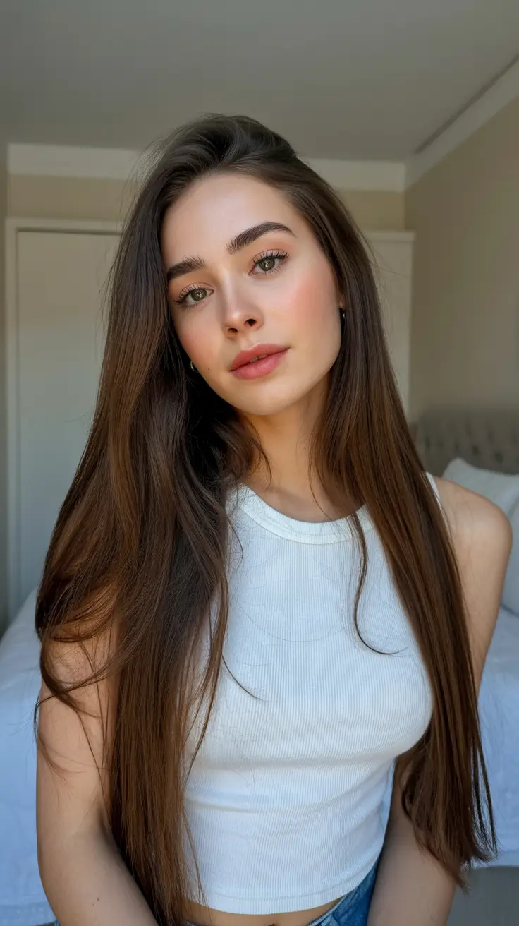 chic spring caramel hair color 2026 Minimalist Straight Brunette with Subtle Caramel Glow