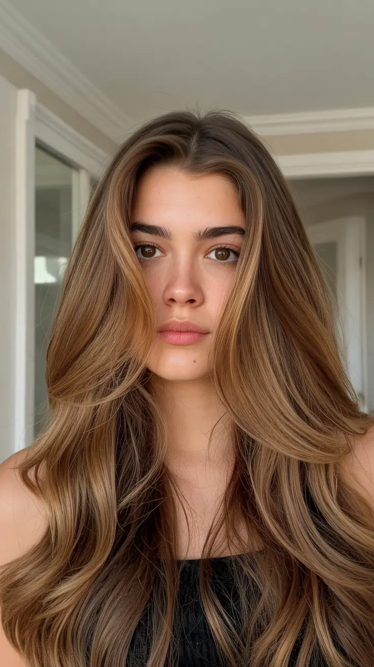 chic spring caramel hair color 2026 Voluminous Caramel Layers with Soft Face Framing