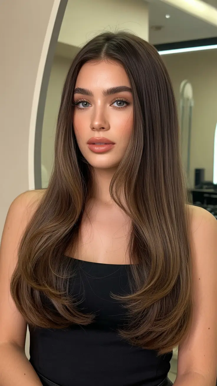chic spring caramel hair color 2026 Deep Brunette Shine with Subtle Caramel Glow