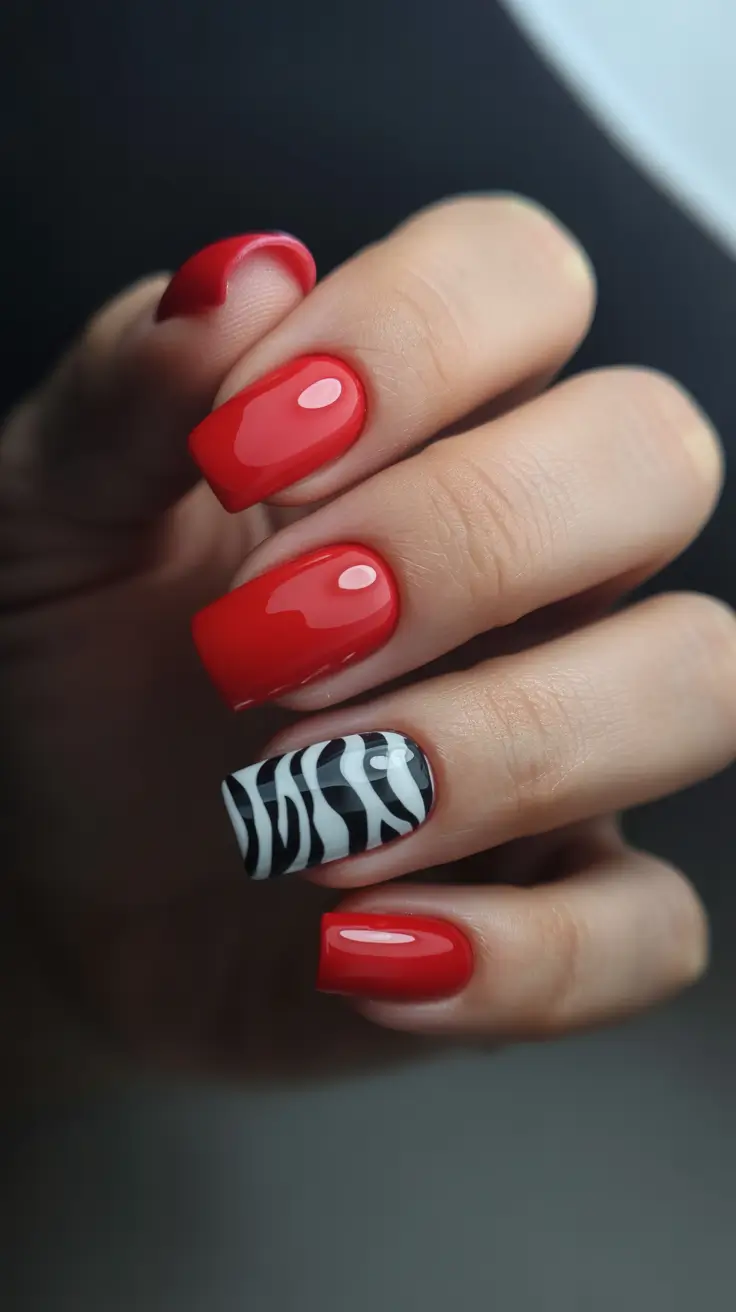 classy spring gel nails 2026 Bold Red Short Nails with Zebra Accent Art