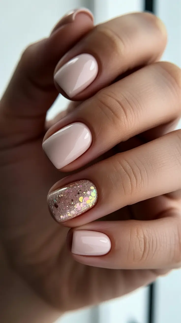 classy spring gel nails 2026 Soft Nude Short Nails with Delicate Glitter Accent