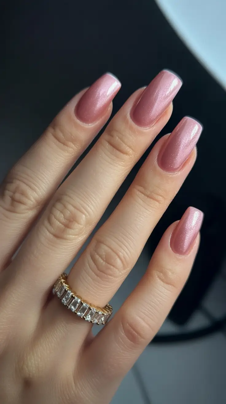 classy spring gel nails 2026 Glossy Rosy Pink Square Nails with Subtle Shimmer