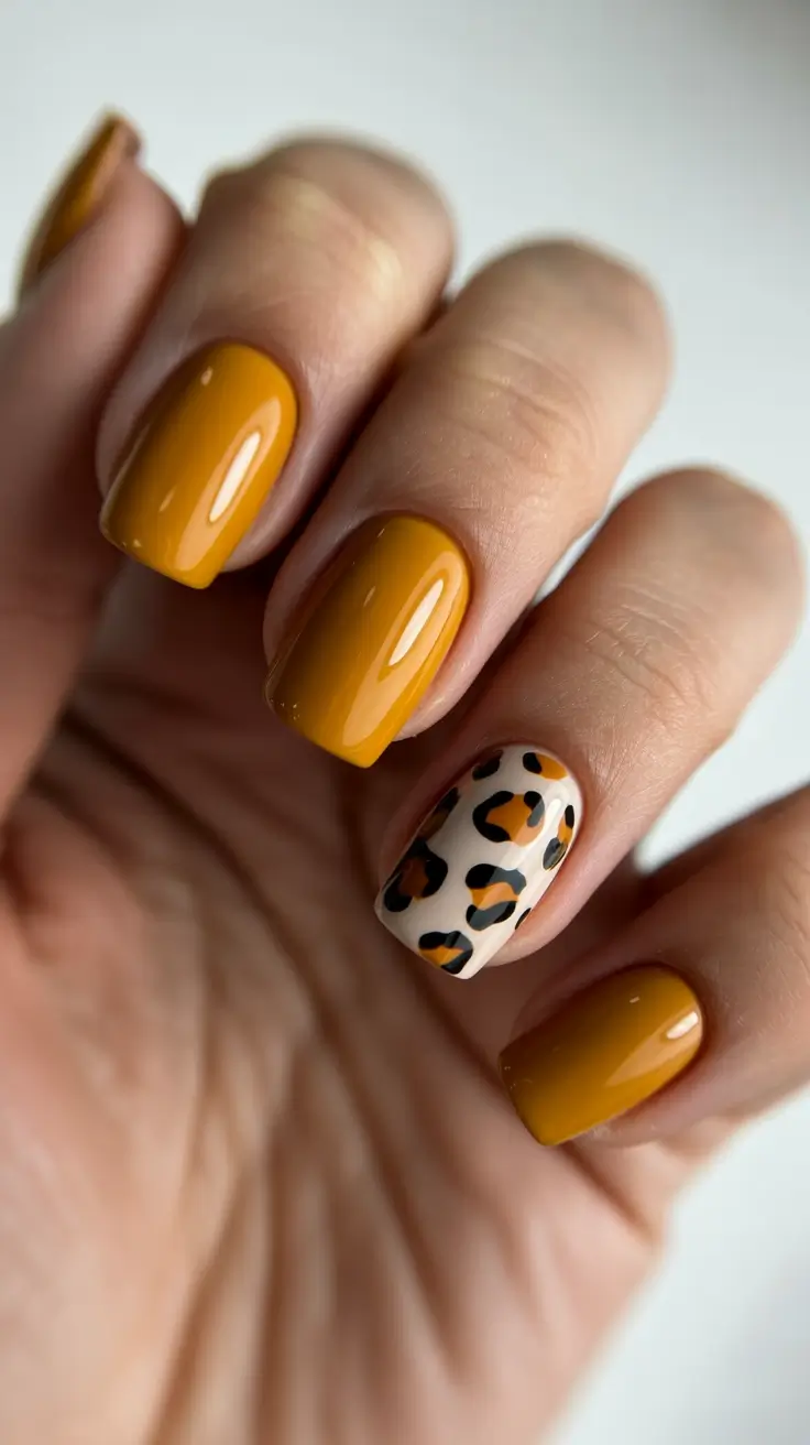 classy spring gel nails 2026 Mustard Yellow Nails with Playful Leopard Accent