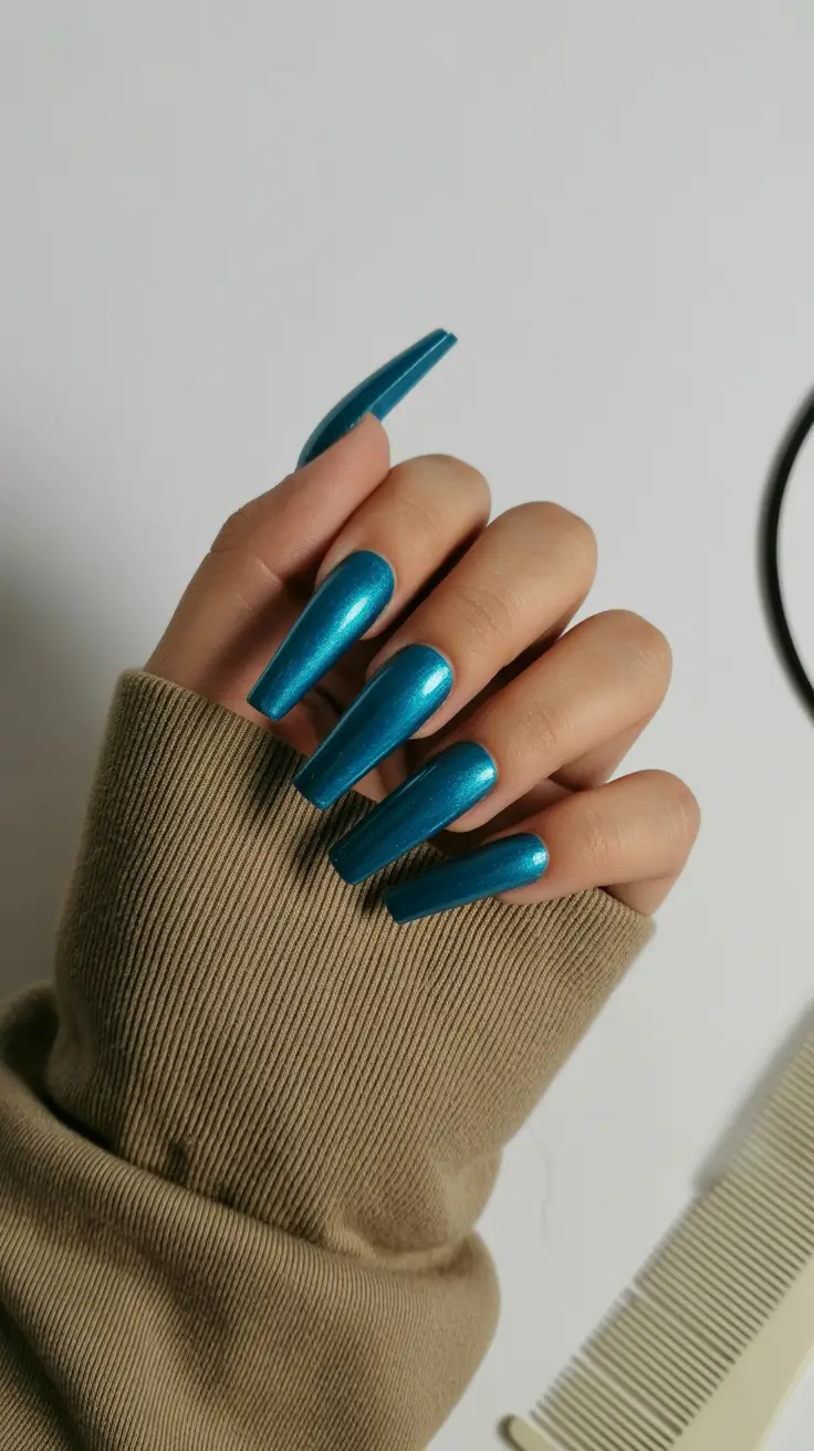 classy spring gel nails 2026 Metallic Teal Coffin Nails for Statement Spring Glam