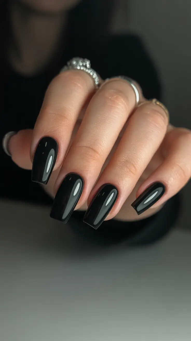 classy spring gel nails 2026 Glossy Black Square Nails for Bold Minimalist Style