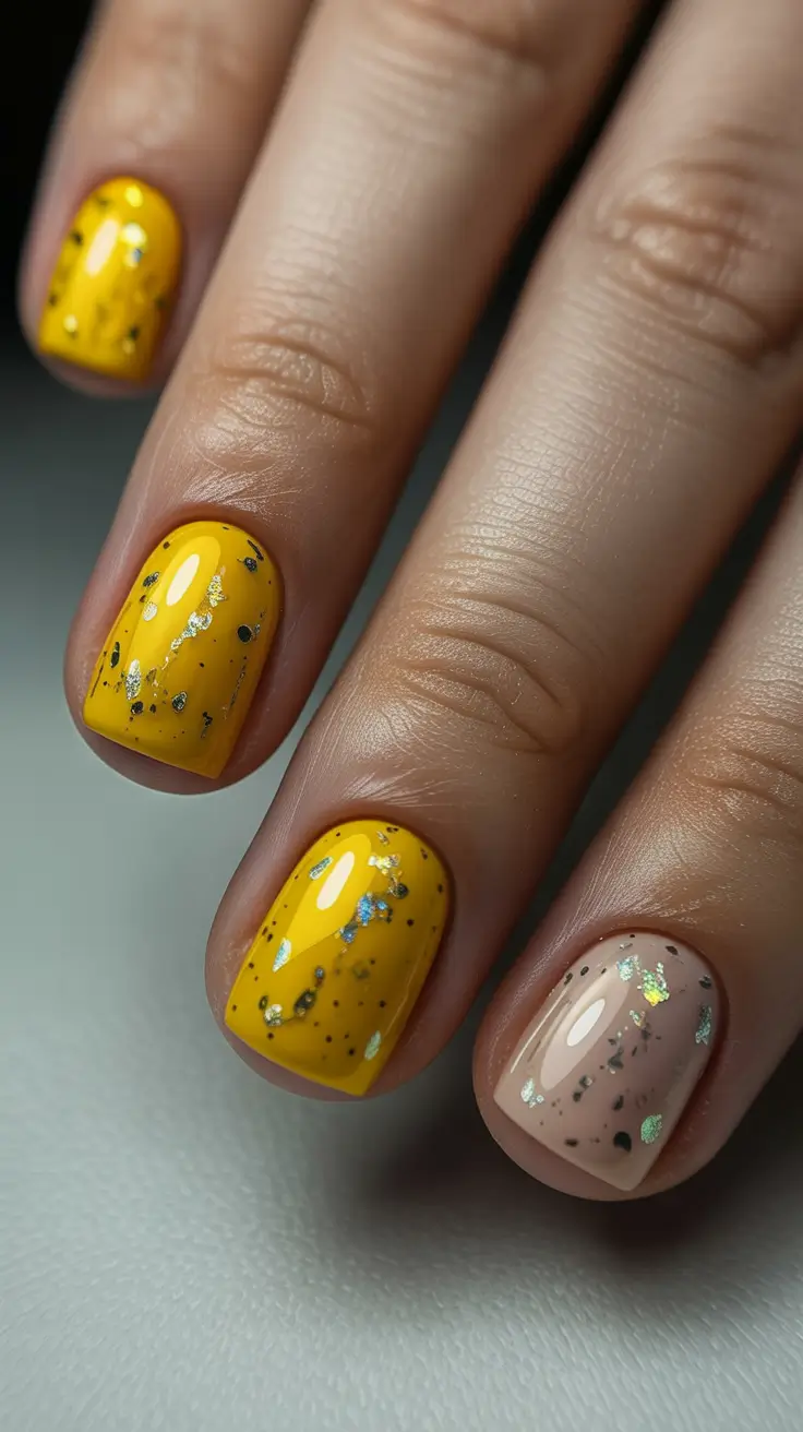 classy spring gel nails 2026 Sunny Yellow and Nude Glitter Accent Spring Nails