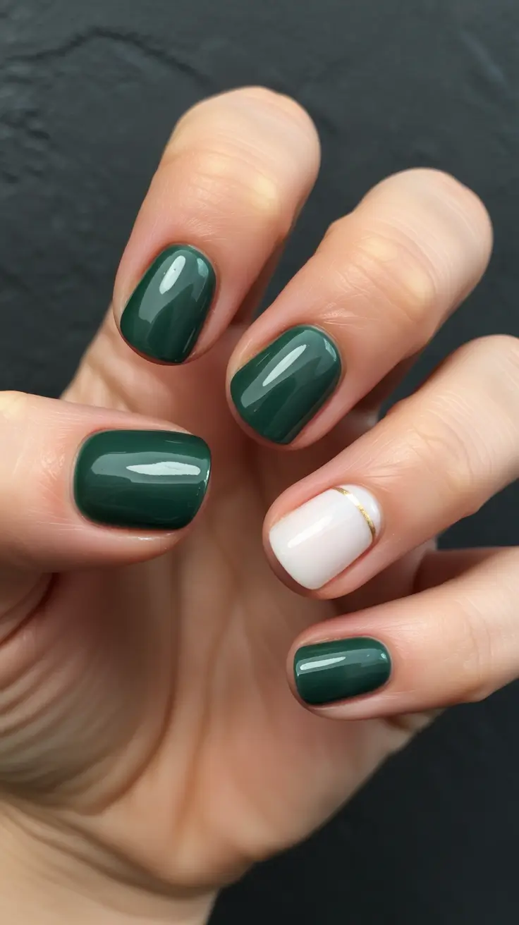 classy spring gel nails 2026 Elegant Deep Green Short Nails with Minimal Gold Accent