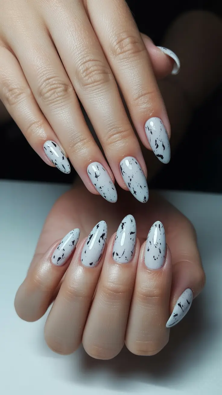 classy spring gel nails 2026 Modern White Almond Nails with Minimal Ink Art