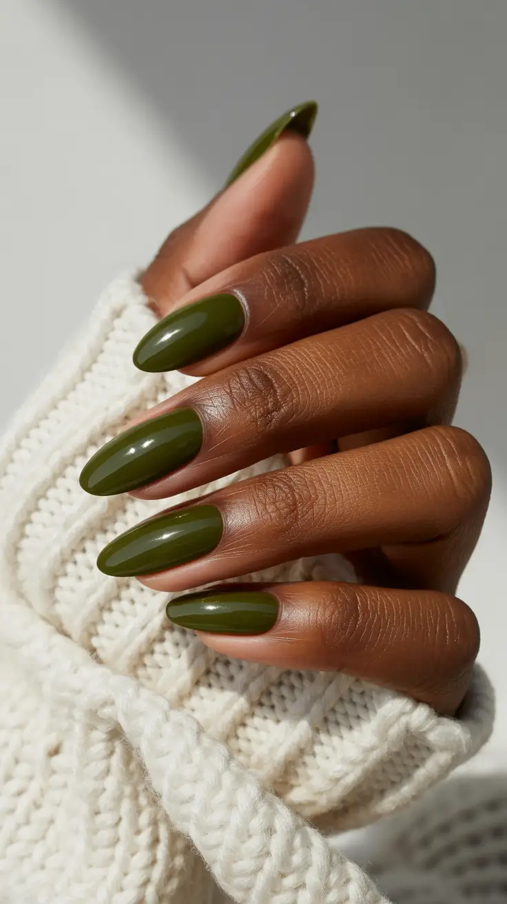 classy spring nails for dark skin 2026 Deep Olive Gloss for a Modern Spring Statement
