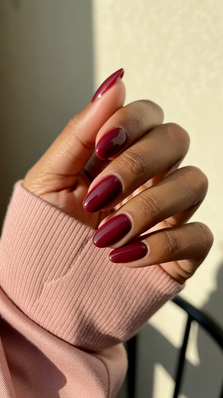 classy spring nails for dark skin 2026 Glossy Cherry Red Almond Nails for Timeless Spring Drama