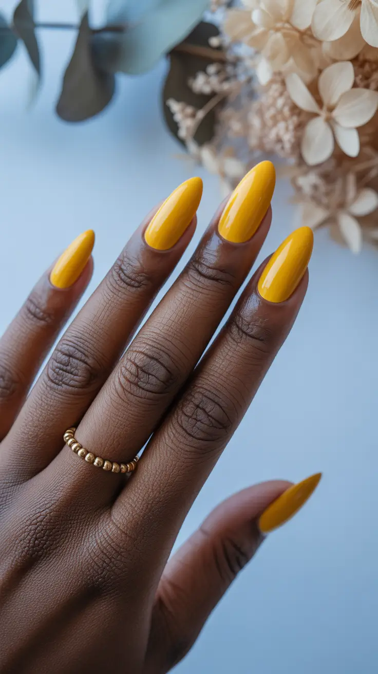 classy spring nails for dark skin 2026 Golden Mustard Almond Nails for Bright Spring Energy