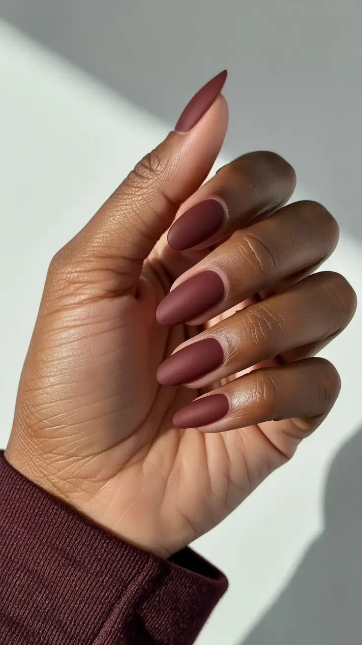 classy spring nails for dark skin 2026 Matte Cocoa Almond Nails for Soft Neutral Elegance