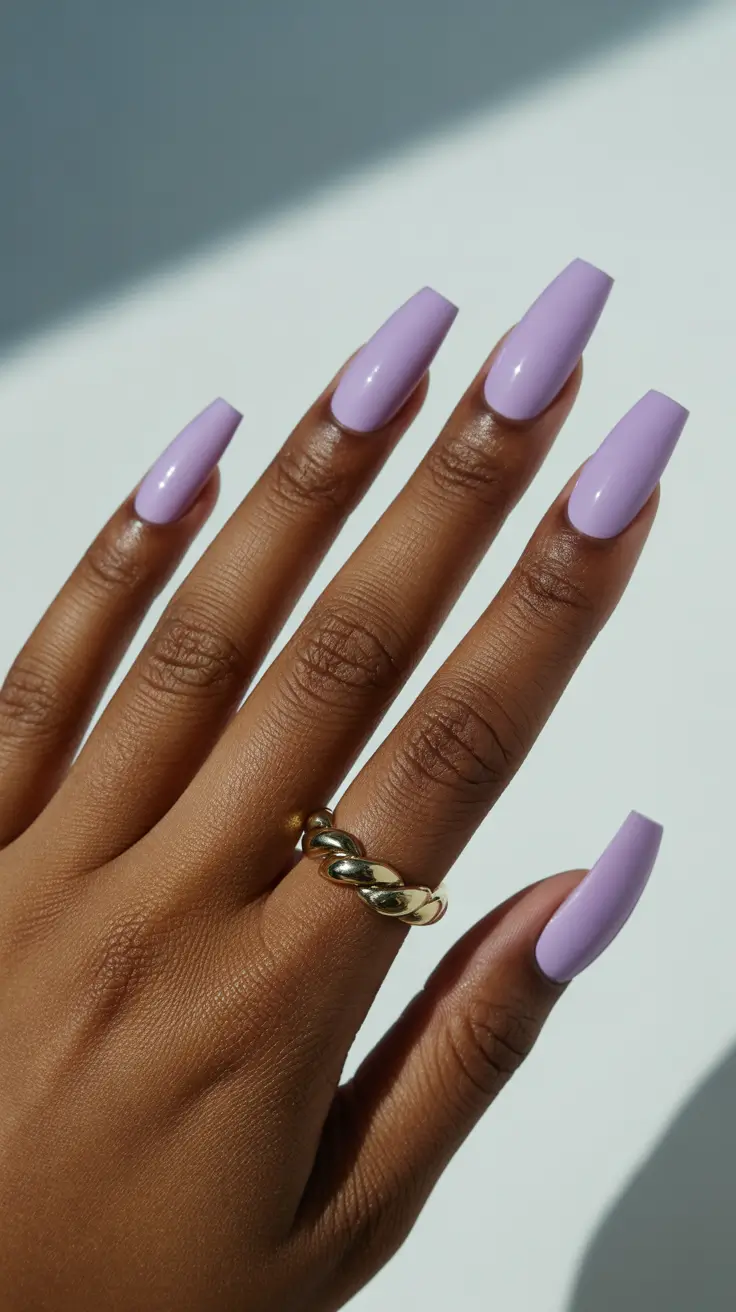 classy spring nails for dark skin 2026 Soft Lilac Coffin Nails for Delicate Spring Style