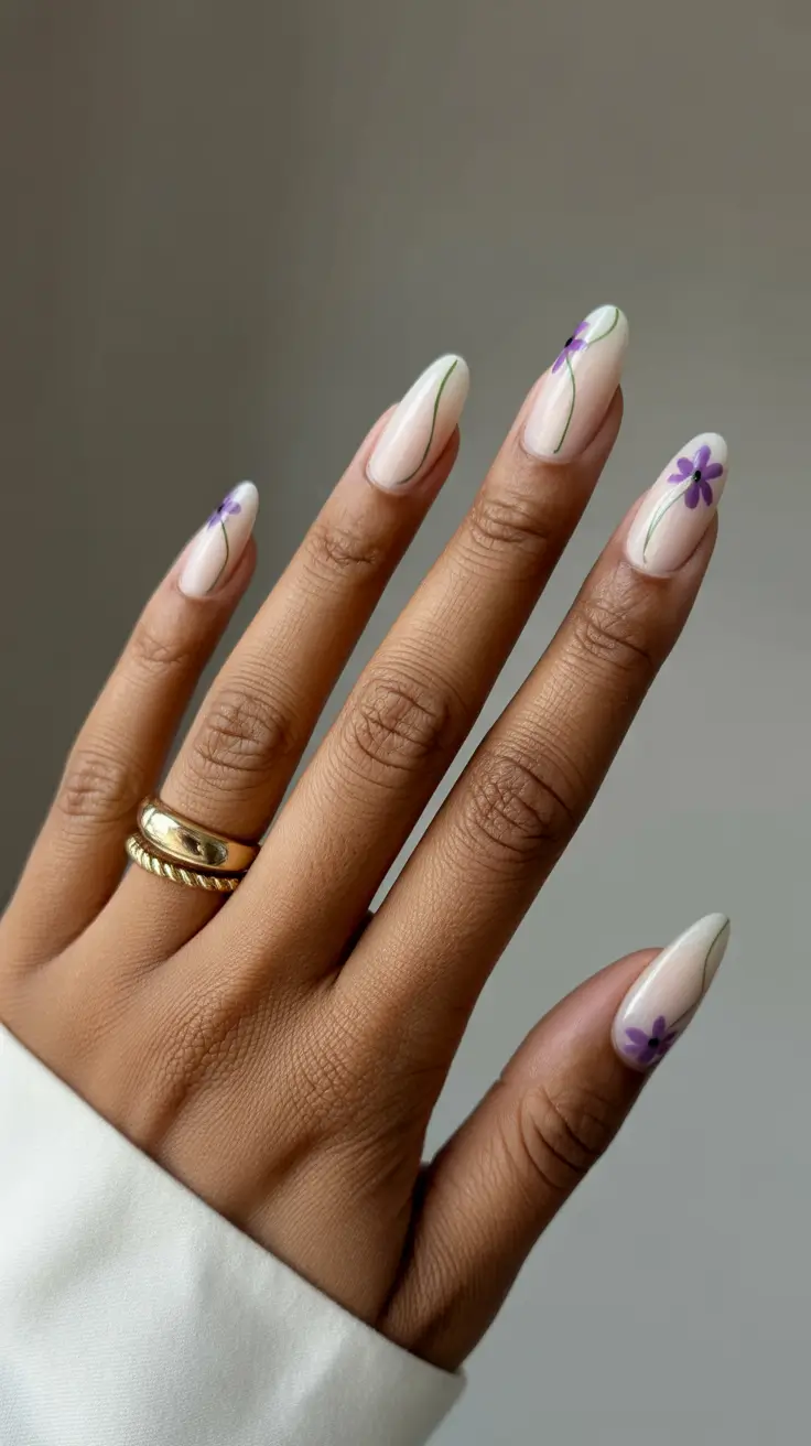 classy spring nails for dark skin 2026 Minimal Floral Almond Nails for Soft Spring Romance