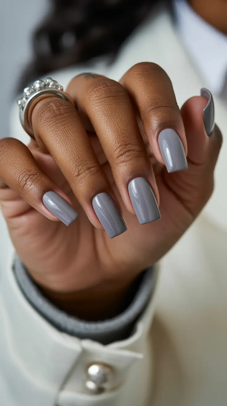 classy spring nails for dark skin 2026 Glossy Dove Grey Square Nails for Modern Minimal Style