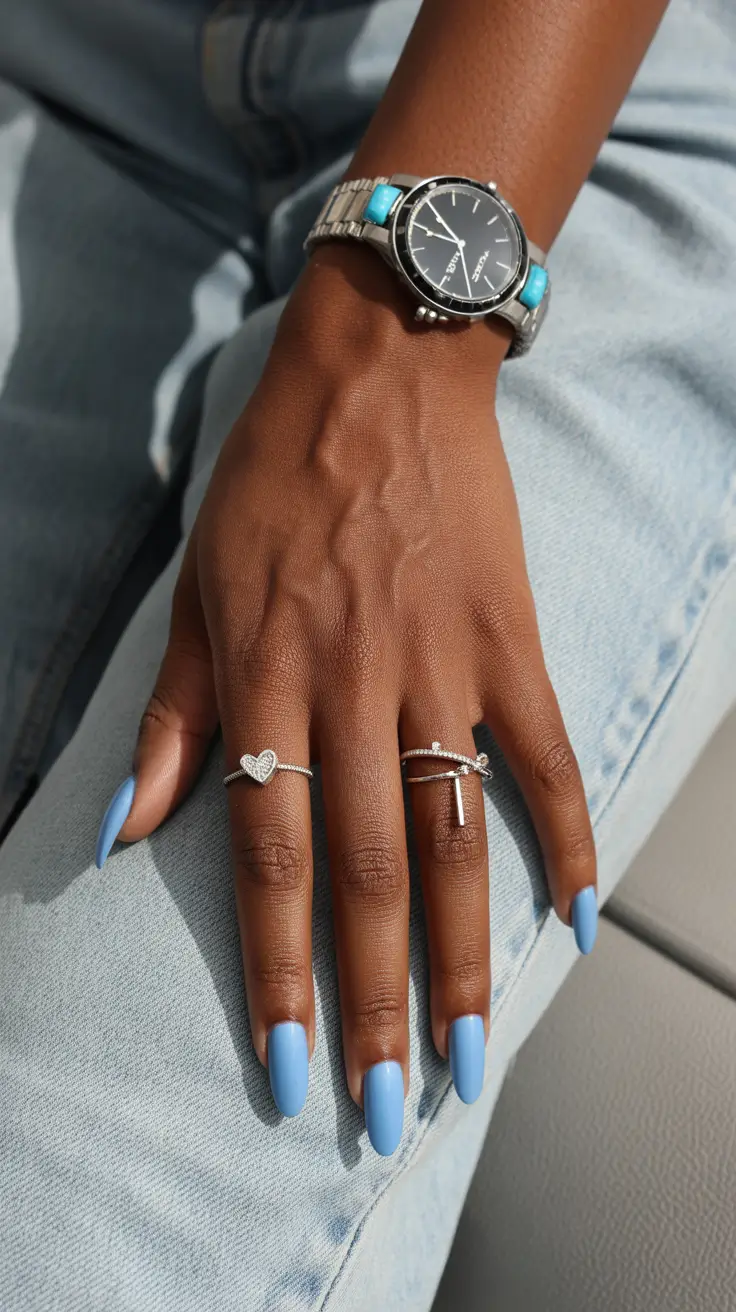 classy spring nails for dark skin 2026 Soft Powder Blue Almond Nails for Fresh Spring Simplicity