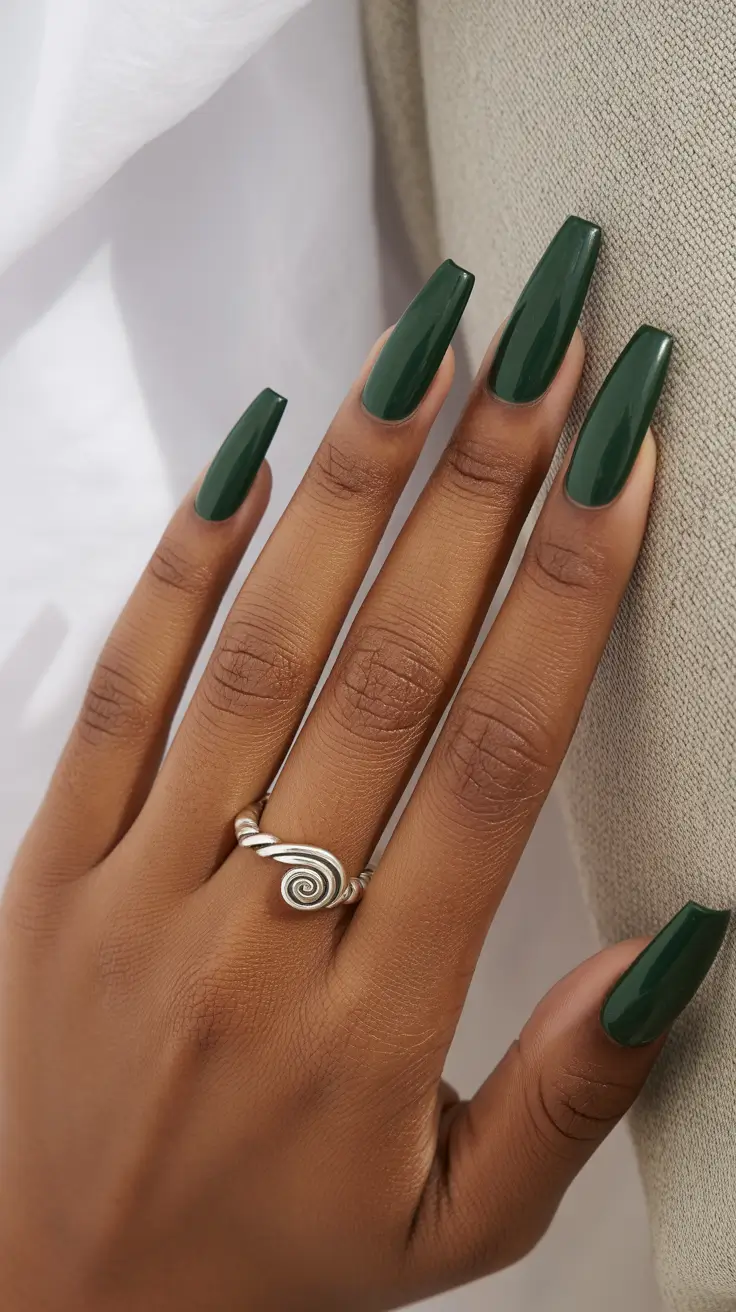 classy spring nails for dark skin 2026 Deep Forest Green Coffin Nails for Bold Spring Elegance