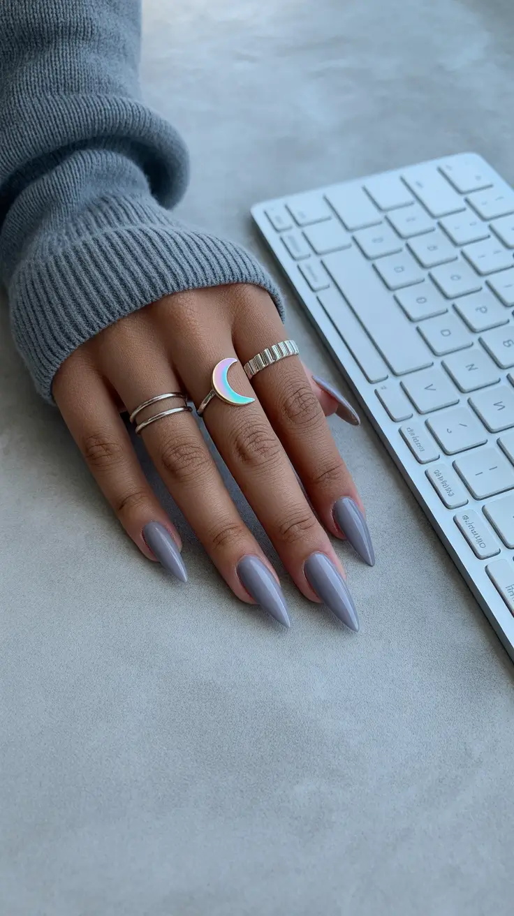 classy spring nails for dark skin 2026 Cool Grey Stiletto Nails for Modern Minimal Chic