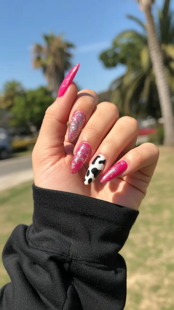 classy spring nails simple 2026 Bright Pink Almond Nails with Playful Graphic Accent